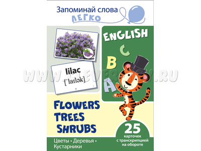 Запоминай слова легко. Цветы, деревья, кустарники. 25 карточек. Английский язык